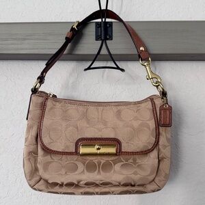 Coach Canvas Logo Shoulder Bag Purse Leather Strap Tan Gold